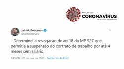 Presidente Jair Bolsonaro anuncia que revogará a suspensão de contratos de trabalho